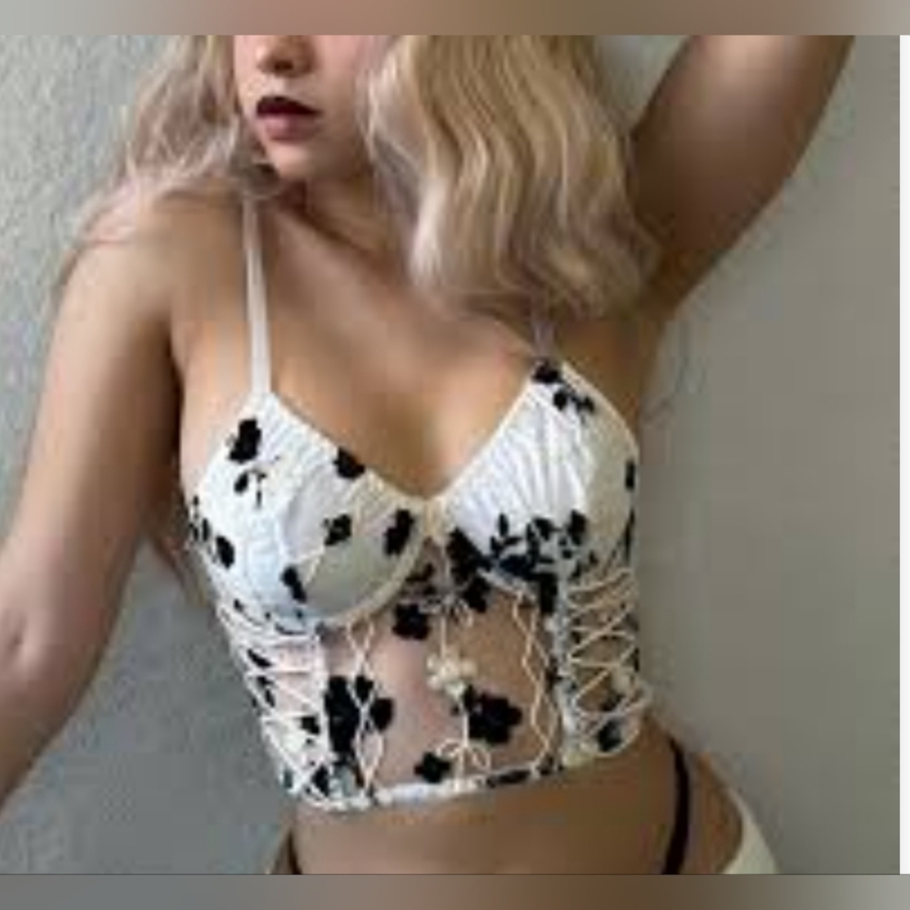 ROMWE White Sheer Floral Lace-Up Bustier Crop Top